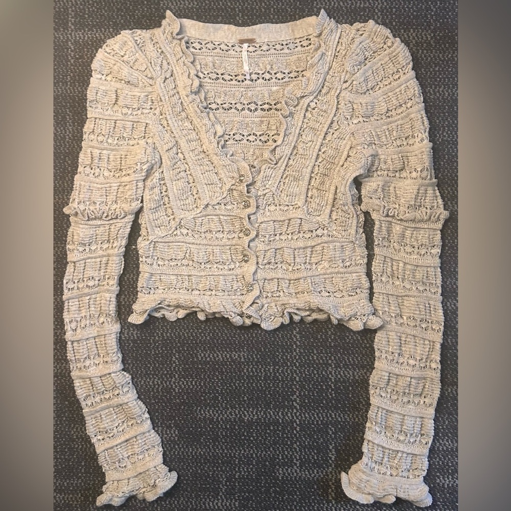 Free People Wild Roses Cardi XS Light Grey Romantic Coquette Ruffle Lace Cottage